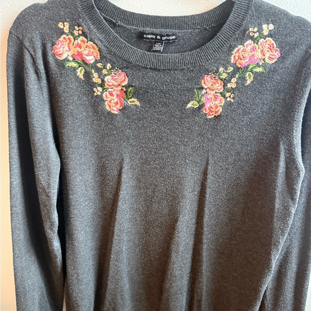 Cable & Gauge Charcoal Sweater with Pink Rose Embroidery